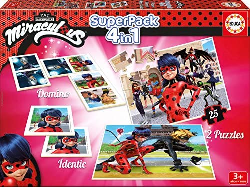 Educa - Las Aventuras Superpack Miraculous Ladybug , Incluye Domino, Identic y 2 puzzles , Juego de mesa para niños a partir de 3 años , Múltiples posibilidades de juego (17259)