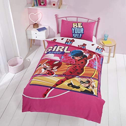 Coco Moon Miraculous Girl Power Ladybug - Juego de funda de edredón y almohada para cama individual, ideal para niños