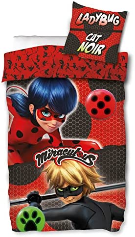 Miraculous Ladybug - Juego de cama infantil Duo rojo 135 x 200 + 80 x 80 cm, 100% algodón renforcé, calidad Lady Bug Marinette Dupain-Cheng Adrien Cat Noir Paris, diseño de bandera alemana 053-B