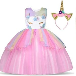 URAQT Disfraz de Unicornio, Vestido de Princesa Unicornio para Niñas, Vestido Elegante con Collar/Diadema para Cumpleaños/Cosplay/Boda, Edad 2-10 Años