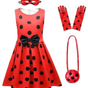 FYMNSI Vestido de Ladybug para Niña Disfraz de Mariquita de Cosplay Halloween Fiesta Cumpleaños Carnaval Navidad Vestidos Tutú de Lunares Rojo y Negro Bolsa con Bug Máscaras