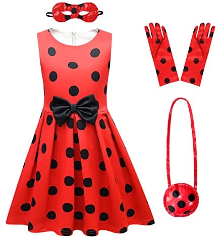 FYMNSI Vestido de Ladybug para Niña Disfraz de Mariquita de Cosplay Halloween Fiesta Cumpleaños Carnaval Navidad Vestidos Tutú de Lunares Rojo y Negro Bolsa con Bug Máscaras
