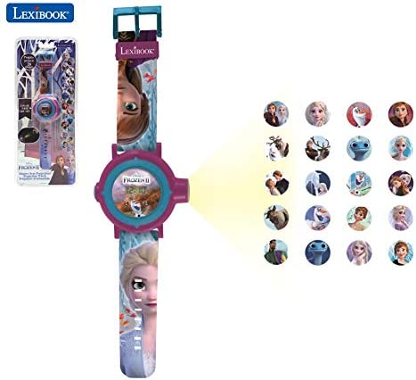 LEXIBOOK- Disney Frozen 2 Reloj Correa Ajustable Pantalla Digital con 20 proyecciones de Elsa, Anna y Olaf Niñas-Azul y Morado