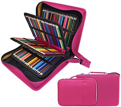 YOUSHARES - Estuche para Lápices de Colores de Piel Sintética con 200 + 16 Compartimentos, Gran Capacidad, para Lápices de Colores Prismacolor, Lápices de Colores Crayola(Rosa)