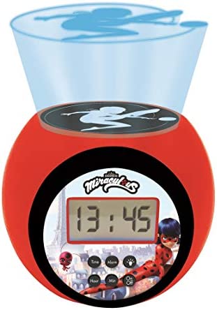 Lexibook Tales of Ladybug & Cat Noir Reloj despertador con proyector Miraculous con función de repetición y alarma, luz nocturna con temporizador, pantalla LCD, batería, Rojo/Negro, RL977MI
