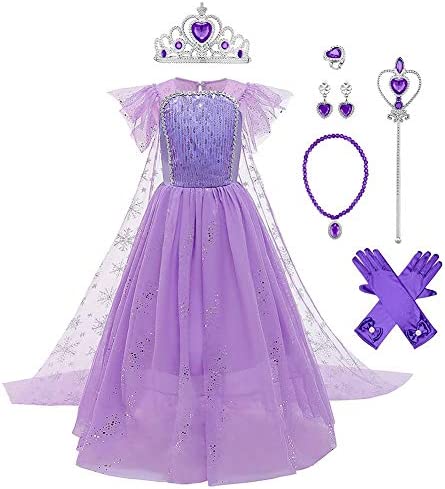 IWEMEK Disfraz de princesa Elsa, vestido largo con capa, accesorios de reina de la nieve, 2 disfraz de carnaval, Halloween, Navidad, vestido de fiesta de cumpleaños para niños de 4 a 9 años