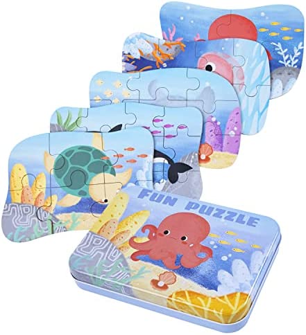 BBLIKE Puzzle Infantil de Oceano para niños, puzle de 5 imágenes, puzle de Madera, Adecuado para niños y niñas a Partir de 3, 4 y 5 años (Oceano)