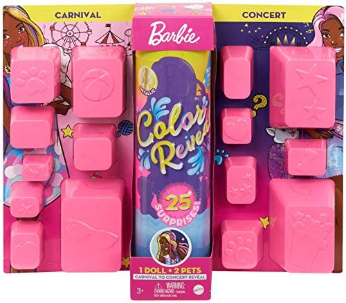 Barbie Color Reveal del Carnaval al Concierto, muñeca que revela sus colores con agua, incluye ropa y accesorios (Mattel GPD57)