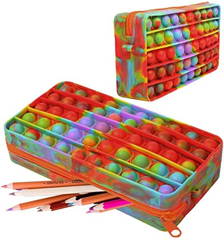 Estuche portátil para lápices Pop It, organizador de bolsas de papelería de oficina con burbujas sensoriales simples de silicona, para adolescentes, adultos, estudiantes, juguete Fidget(arcoíris)