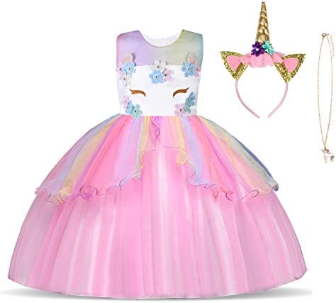 URAQT Disfraz de Unicornio, Vestido de Princesa Unicornio para Niñas, Vestido Elegante con Collar/Diadema para Cumpleaños/Cosplay/Boda, Edad 2-10 Años