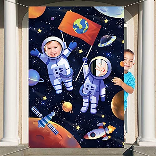DPKOW Espacial Astronauta Fiesta Photocall Pancarta para Niños Cumpleaños, Espacial Astronauta Telón de Fondo Pancarta, Divertidos Cara Juego para Niños Astronauta Fiesta Decoración Artículos