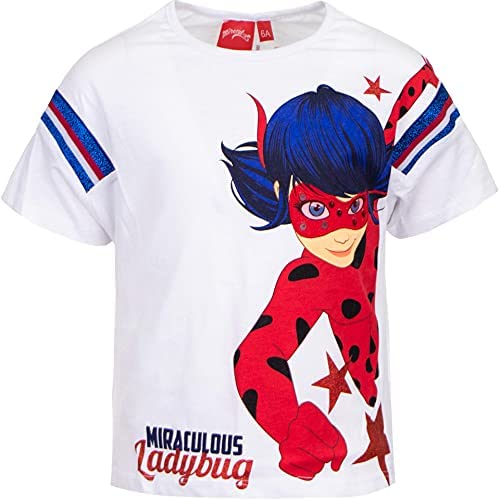 Miraculous LadyBug e Cat Noir - Camiseta de manga corta para niña - Algodón 1144 Blanco