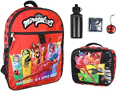 Miraculous Tales of Ladybug & Cat Noir Characters 5 PC Backpack Lunchbox Icepack Water Bottle