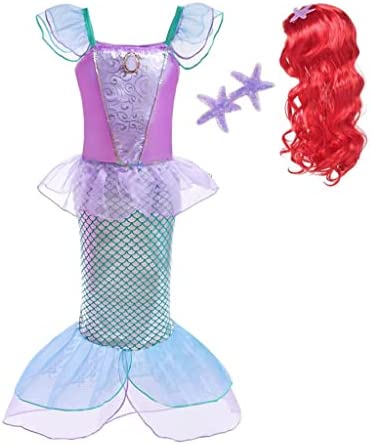 Lito Angels Disfraz Sirenita Vestido Sirena Princesa Ariel con Peluca de Pelo para Niñas, Talla 8-9 años, Púrpura