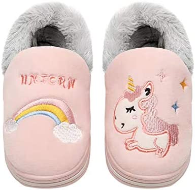 Zapatillas de algodón para interior con diseño de unicornio, antideslizantes, cómodas, cálidas, suaves para invierno para niños, tallas 18 a 25, de Coralup