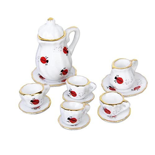 1/12 Muñeca Casa Miniatura Miniatura Ware Set de té de porcelana, placa placa de placa Ladybug Imprimir Exquisito artesanía 15pcs