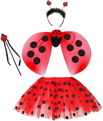 Disfraz de Mariquita para niña 4 Pieza,Disfraz Ladybird Falda Tutu de Lunares Wings,Mariquita de la Bailarina de Carnaval Disfraz