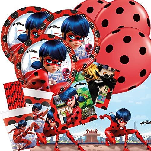 procos/spielum Juego de 51 piezas de Miraculous Ladybug – Platos, servilletas, mantel, pajitas, globos para 8 niños