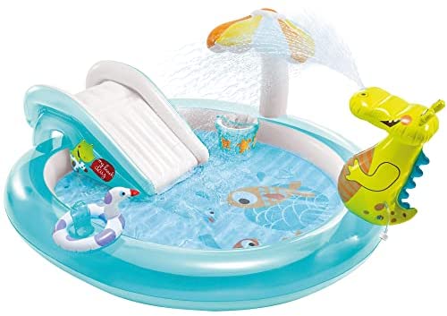 INTEX 57165 - Piscina infantil hinchable con dispersor de agua y tobogan cocodrilo, centro de juegos para niños