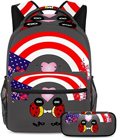 Arco iris de la bandera de Ladybug y EE. UU. Juego de mochila escolar para adolescentes, niñas, niños, mochila para estudiantes, mochila con estuche para lápices para escuela secundaria primaria