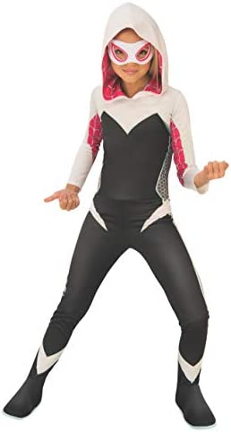 Rubies Disfraz Spider Gwen Classic para niñas, Jumpsuit con capucha adjunta, cubrebotas y antifaz, Oficial Marvel, Spider-Man, para Carnaval, Halloween, Navidad y cumpleaños