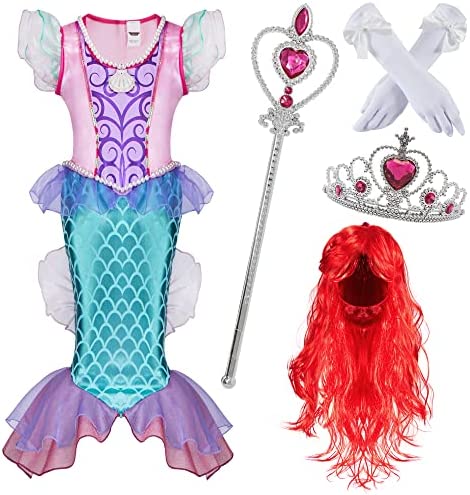 Spooktacular Creations Disfraz de Princesa Sirena para Niña incluye Peluca Roja, Corona, Varita Mágica y Guantes