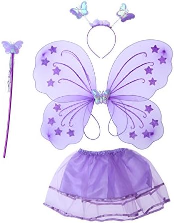 Amosfun Disfraz de princesa de hada, alas de mariposa, varita mágica, diadema y falda tutú, disfraz de Halloween
